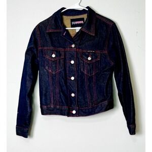 Moxnix Denim Jacket Women's Small Blue Platinum Fubu Inspired Red Stitching Jean
